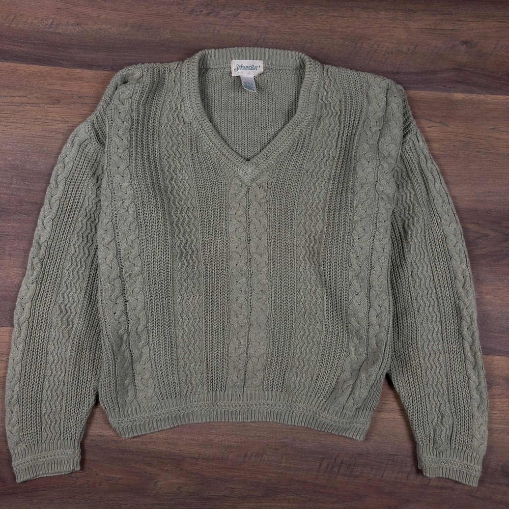 St Johns Bay Men Large Sage Green Cable Knit V-Neck Ramie Cotton Sweater Vintage